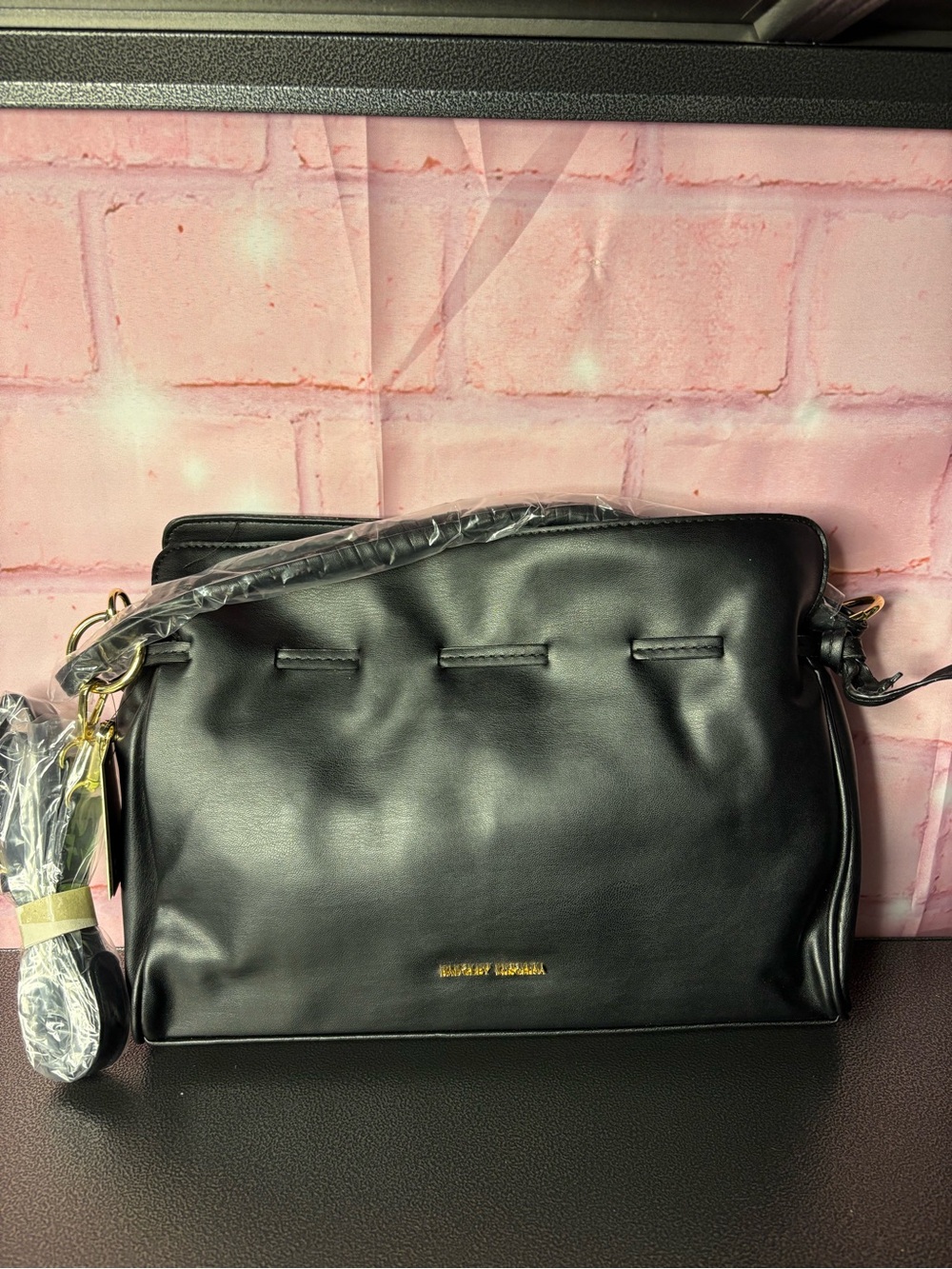 Badgley Mischka Black Vegan Leather Crossbody with Gold Accents